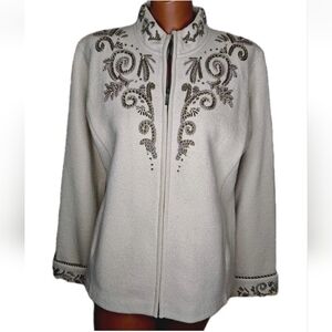 Icelandic Design Cardigan Med Beige Boiled Wool Embellished Zip Sweater Jacket